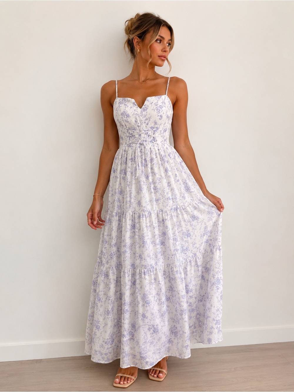 Women's SZ S Purple and White Floral dress with corset front tie Dress